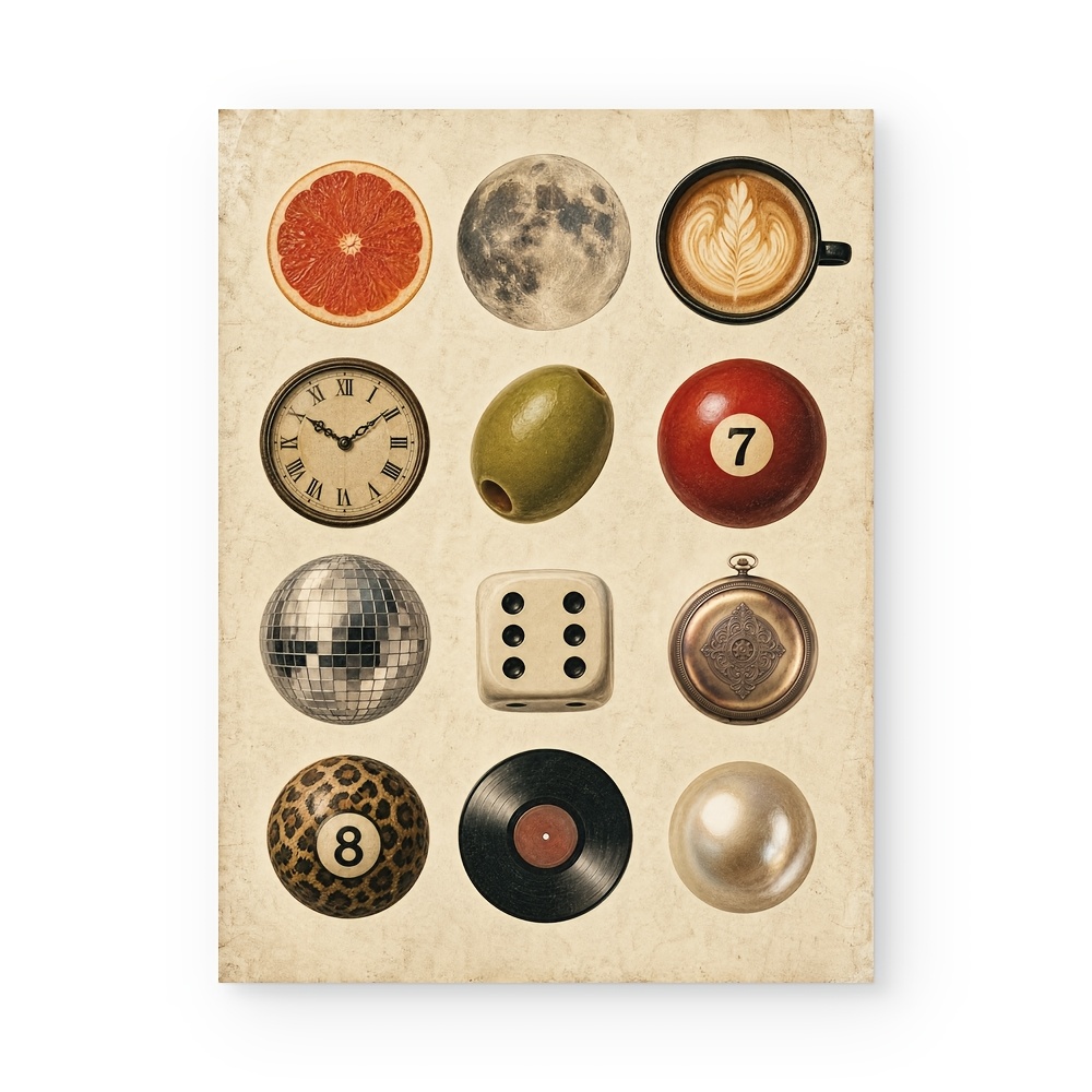 TEMU 2d Flat, Posters & Prints, Hd 2d Flat Canvas Painting Core, Vintage Grid Objects Collage Art Print, Disco Ball Dice Coin Illustration Poster,
