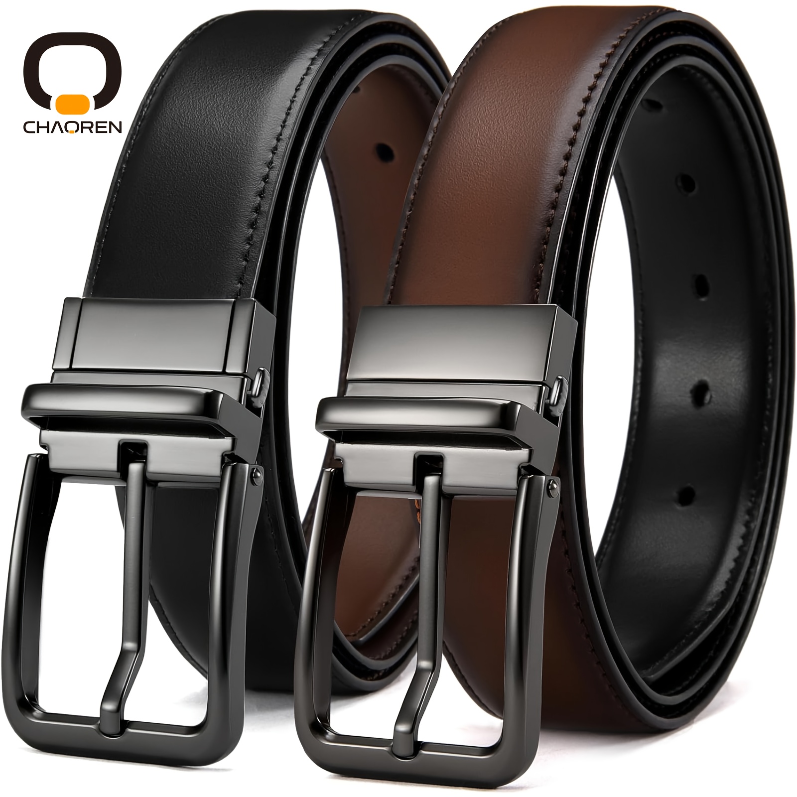 

1pc Chaoren Leather Reversible Belt For Men, 1 3/8" For Dress Pants - 2 Styles In 1 Belt