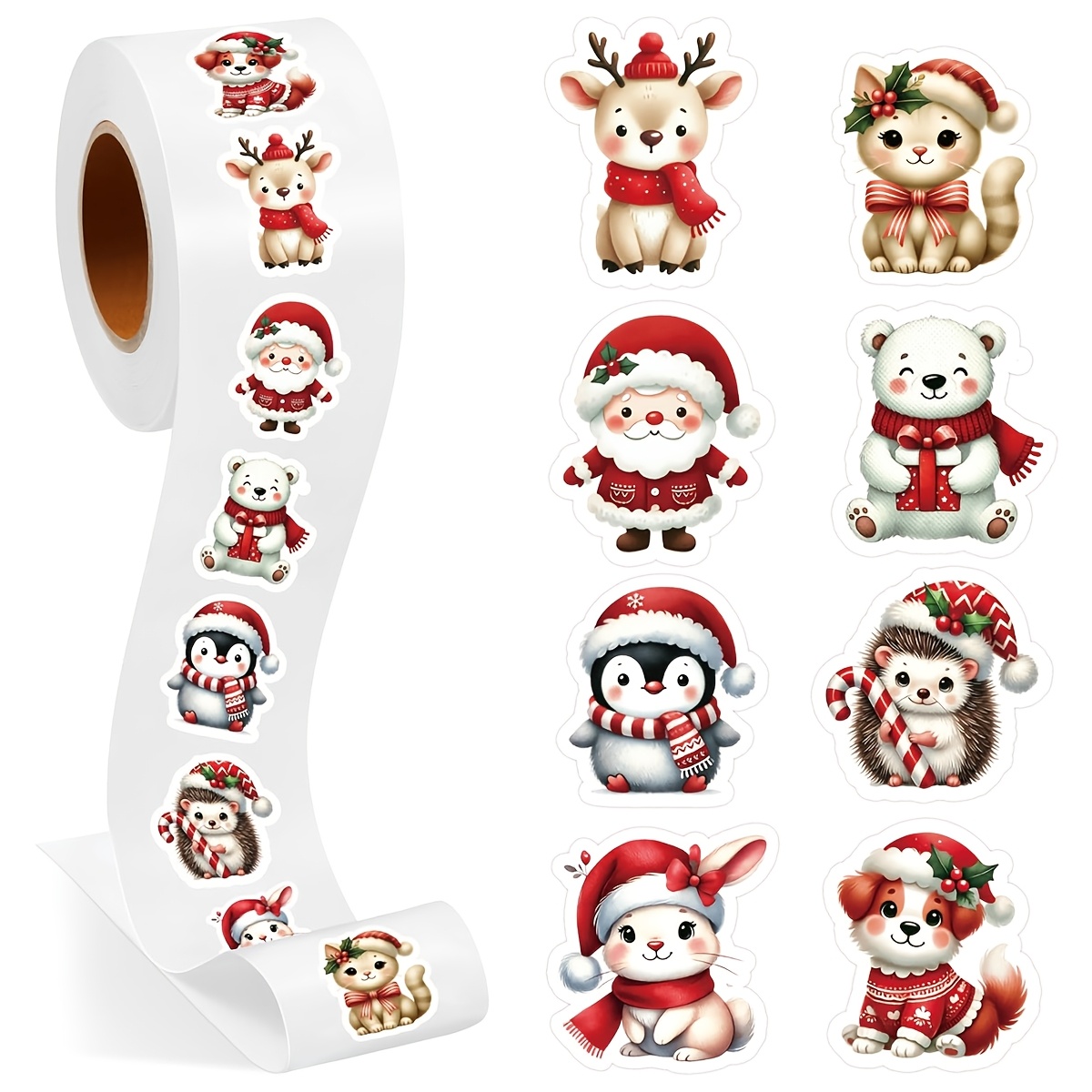 TEMU 500pcs Cartoon Christmas Theme Doodle Roll Stickers 1 Inch 8 Designs Irregular Cute Santa, Reindeer, Cat, Bear, Penguin, Hedgehog, Rabbit, Dog