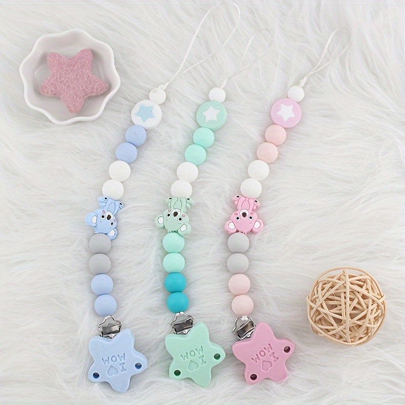 

1pc Diy Beaded Clip Lanyard, Star-shaped Silicone Bead With Cartoon Bear Accent, Crafting Accessory, Decorative Pastel Colors Gifts For Eid