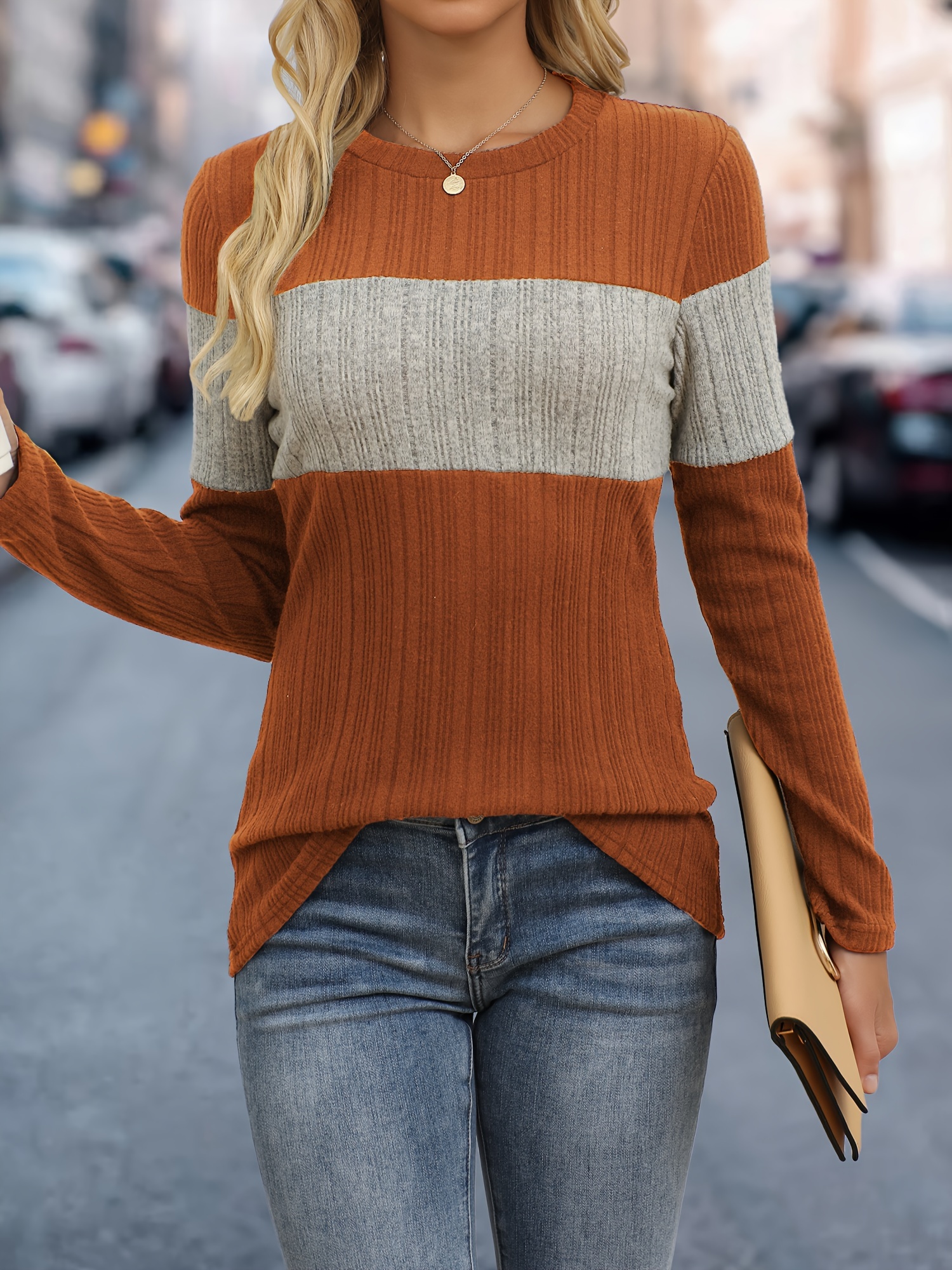 Women'S Elegant Color Block Crew Neck Top, 95% Polyester 5% Elastane Knit Fabric, Regular Length, Solid Pattern, Fall/Winter Fashion, 160g/m? Weight
