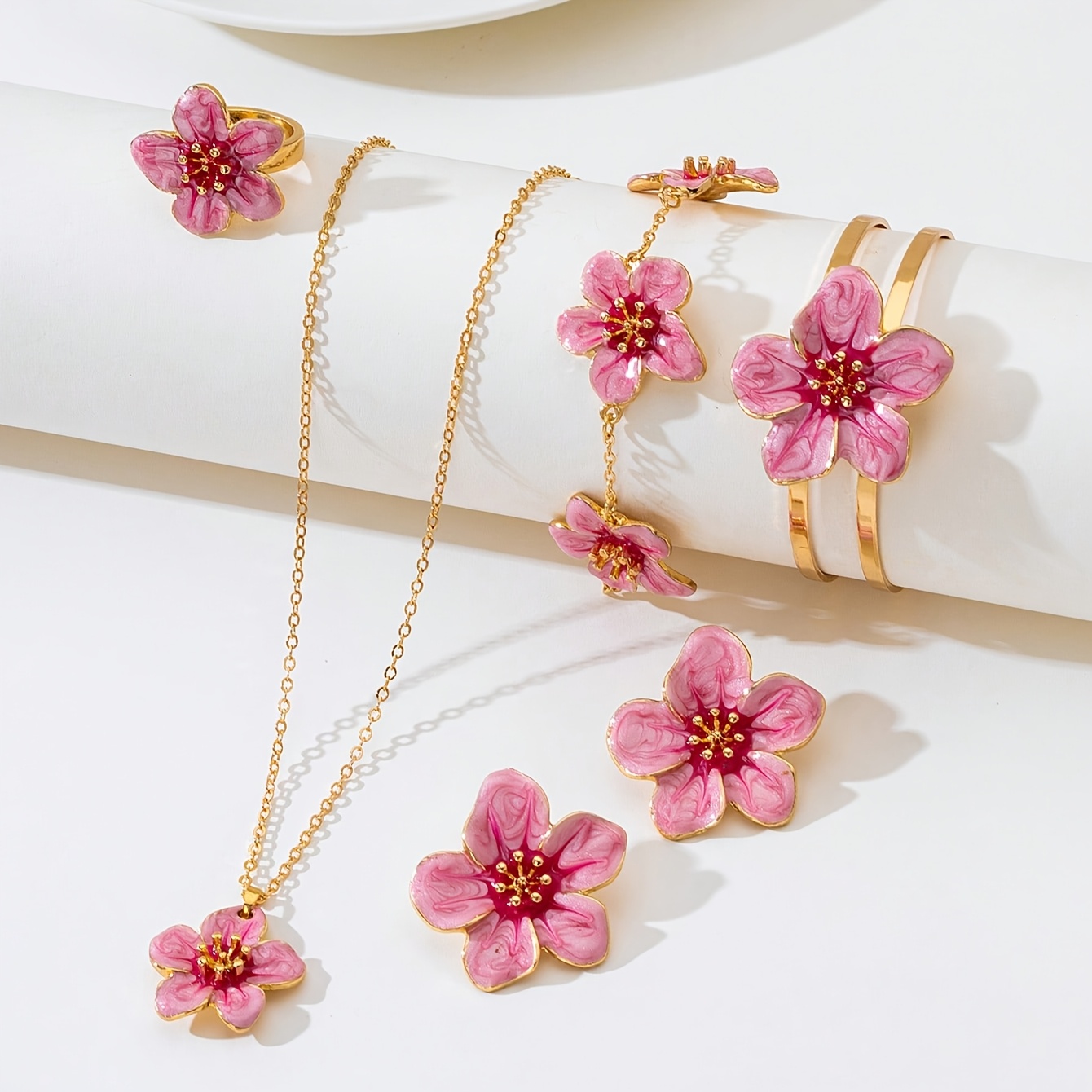 TEMU 6pcs Piece Set Of Women's Jewelry Set, Sweet, Cute, Exquisite Handmade, Oil Gradient Blending Pink 5 Petal Flower Pendant Necklace, Earring