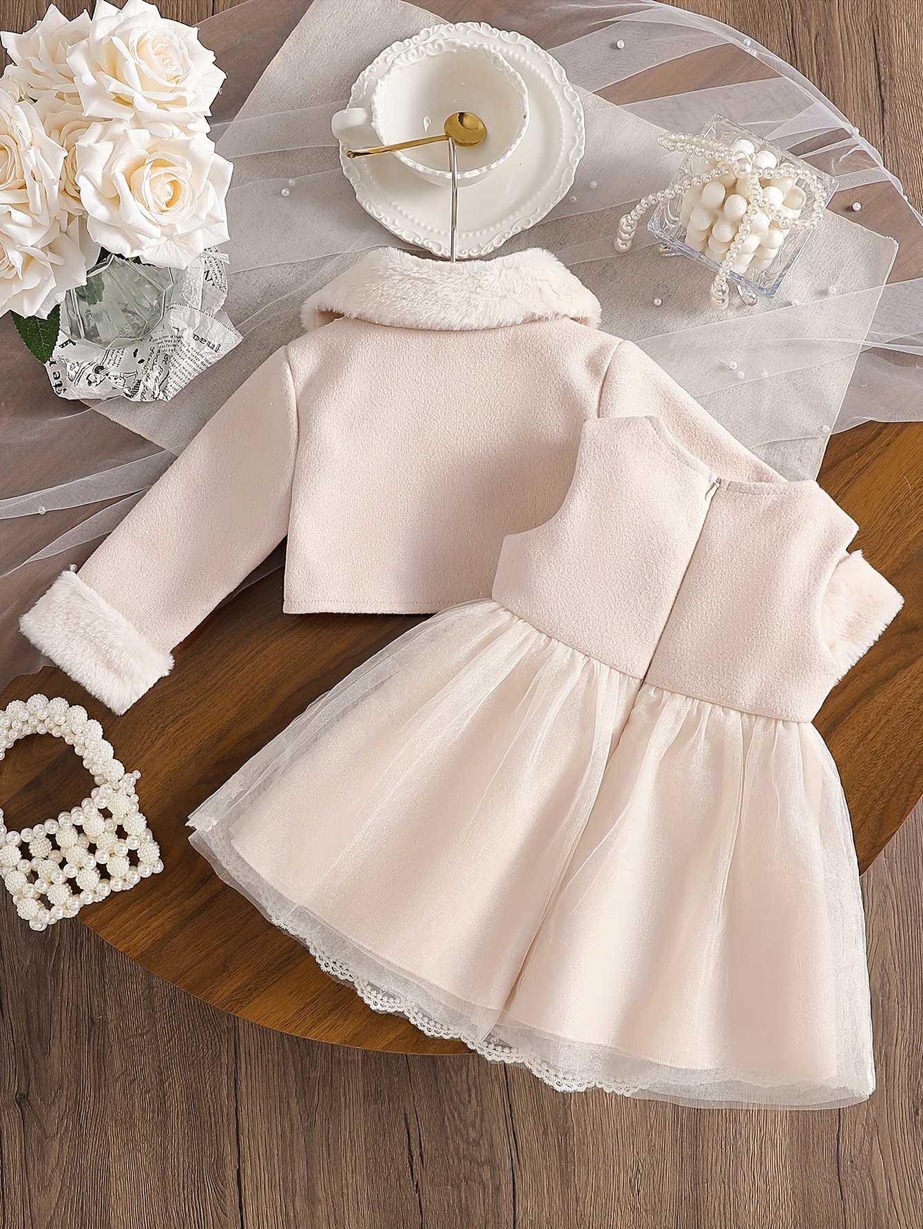 Girls' Autumn/Winter Faux Fur Coat Mesh Christening Dress 2pcs Set,  Back-to-School Outfit, Winter * Bow Dress with Warm Faux Fur Collar Coat,  Suitable for Special Occasions, Parties, and * Girls' ...