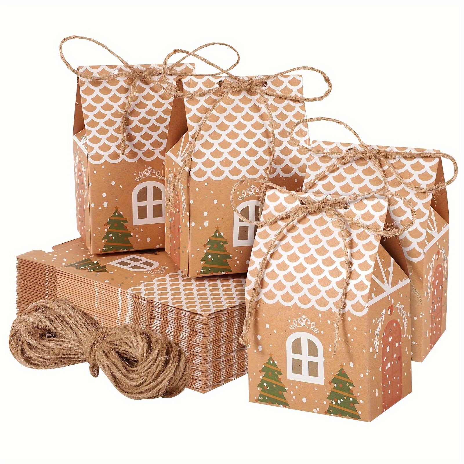 

50 Pack Christmas Gingerbread House Party Favor Boxes, Mini Kraft Paper Candy Chocolate Gift Boxes With Jute Twine, Christmas Party Gift Packaging