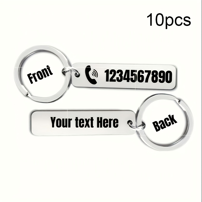 TEMU 10pcs, 15pcs, 20pcs, 50pcs Custom Engraved Stainless Steel Keychains - Personalized Name And Phone Number, Anti-loss Double-sided Design,