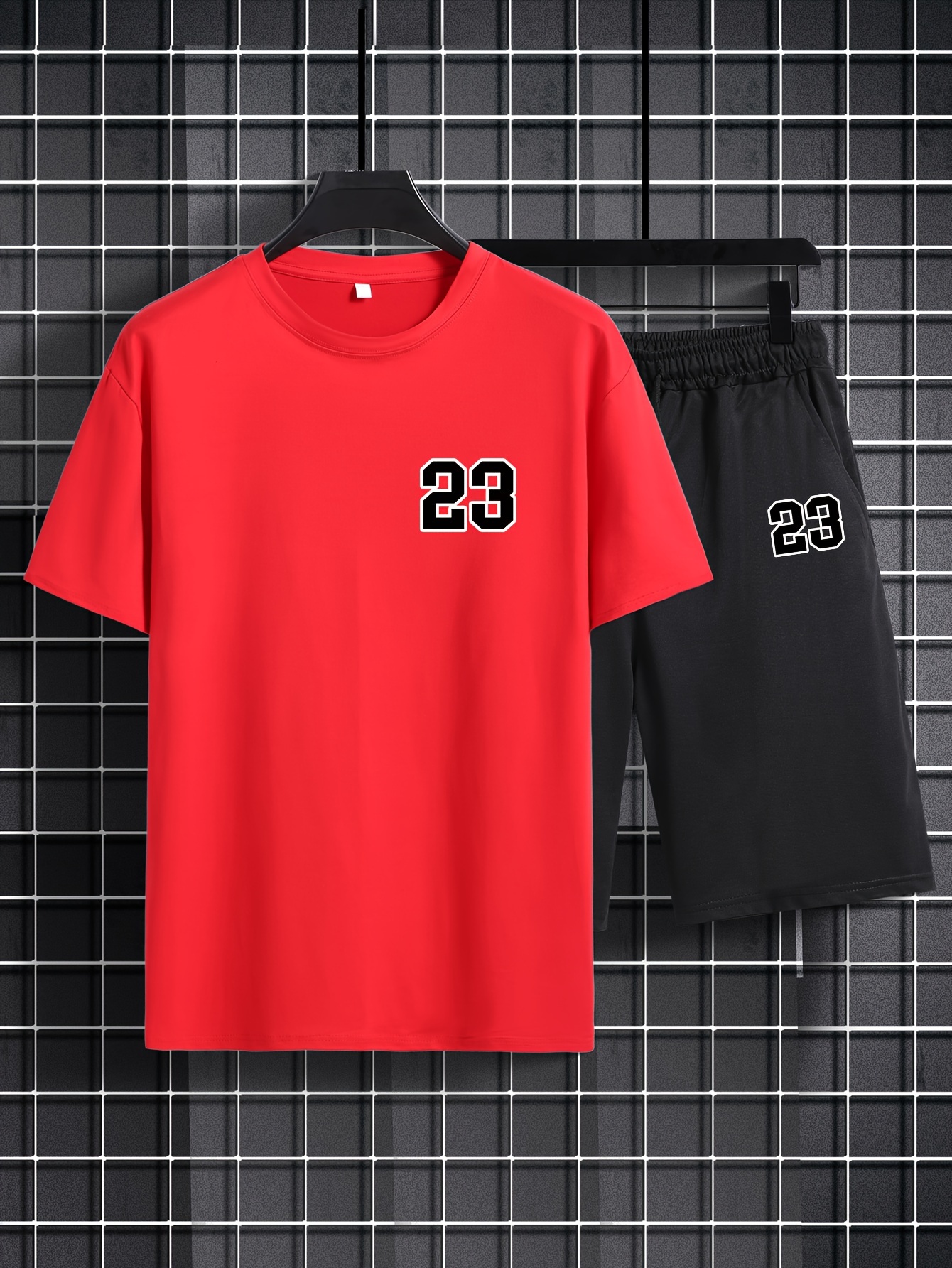 Men Sports Outfits Tracksuit Casual Solid T-Shirt & Pants 2 Piece Polyester
