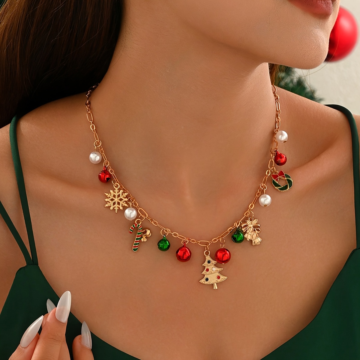 Image of 1pc Boho Christmas Pendant Necklace | Elegant And Stylish With Multiple Charms Including Christmas Tree, Bells, And Snowflakes, Ideal For Daily And Party Occasions