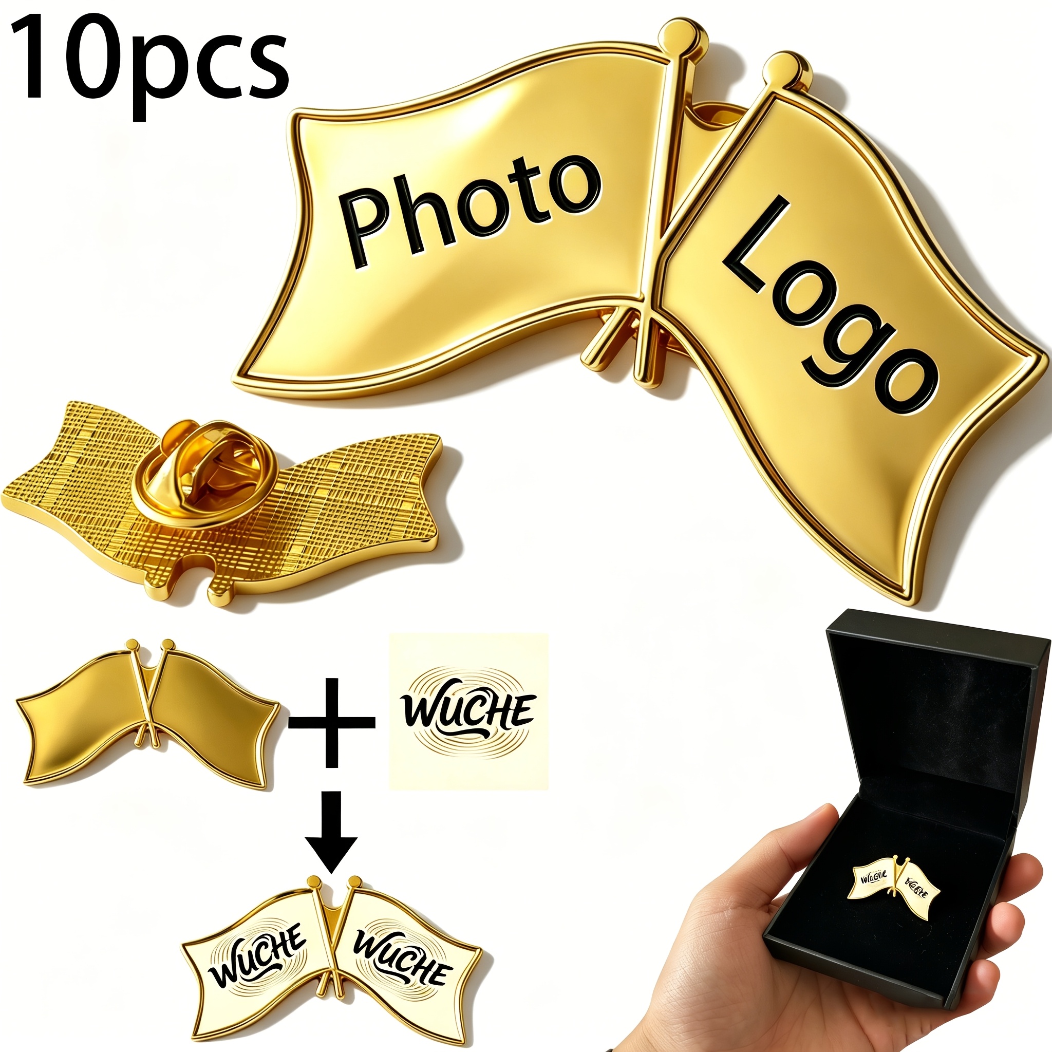 TEMU 10pcs Custom Double-sided Flag Brooches With Gift Box, Custom Gift Box Set Of Metal Brooches, Customizable With , Name, Photo, Text, And Image.