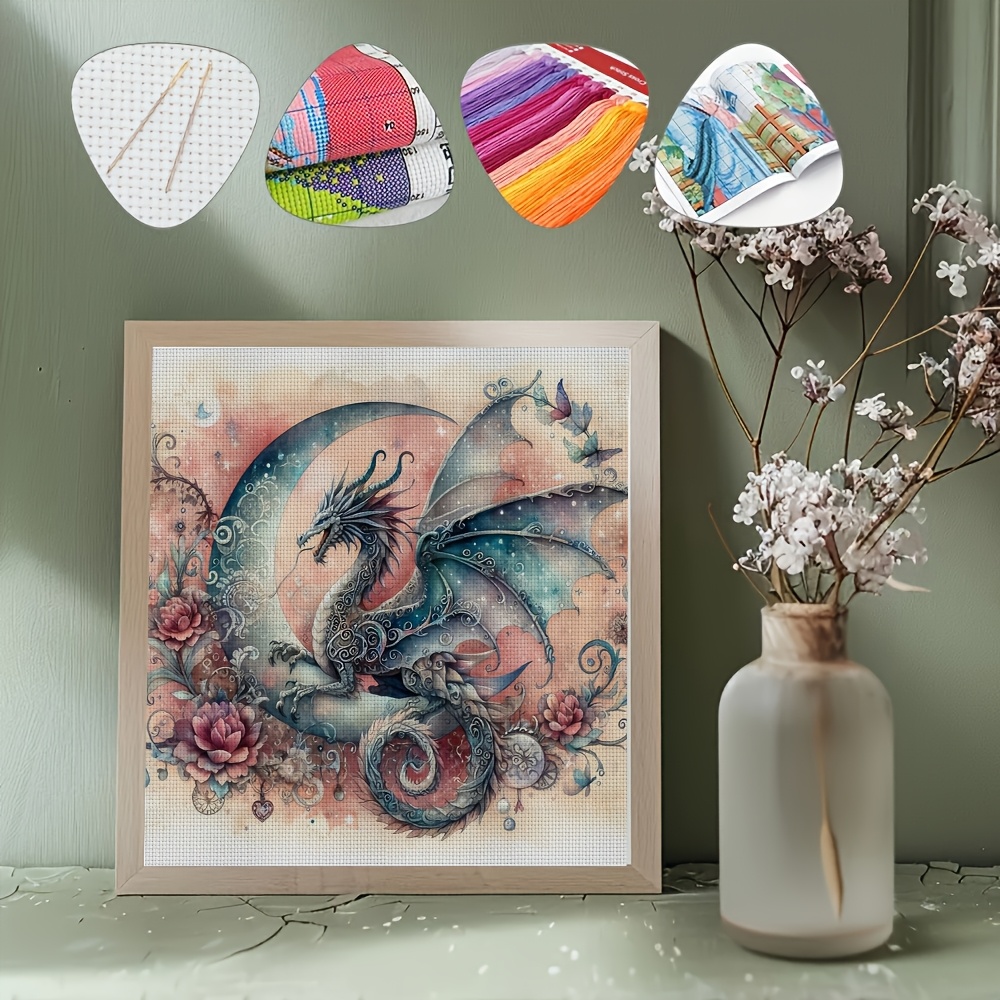 TEMU A Set Of Creative Cross- Kit Featuring A Dragon Theme, Embroidery Projects. This 11ct Cross- Kit Includes Pre-printed Canvas, Needles, Threads,
