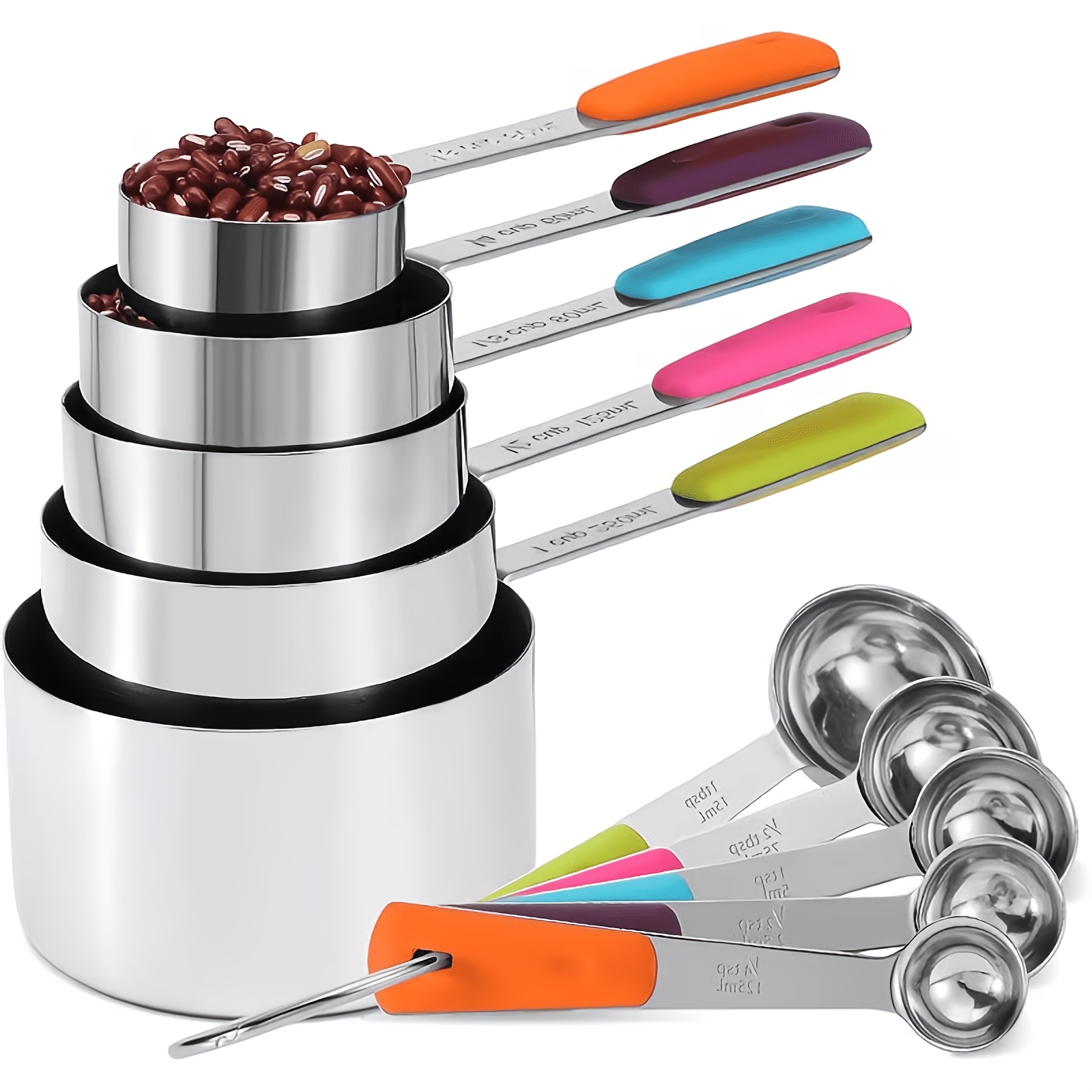 Temu – TEMU 10pcs Stainless Steel Measuring Spoons Set, 5 Spoons & 5 Silicone Handle Sleeves, Heavy Duty Metal Measuring Tools, Non-slip Grip, Accurate For