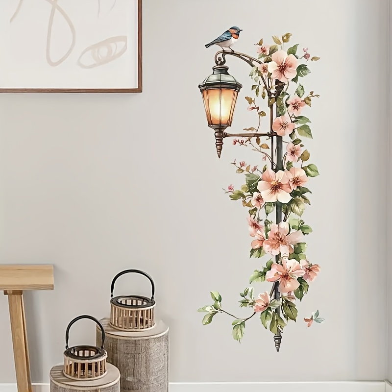 1pc Street Lamp Pink Flower Wall Sticker, Home Decoration Beautifying Room Mural, Pink Flowers And Green Leaves Sticker Lamp