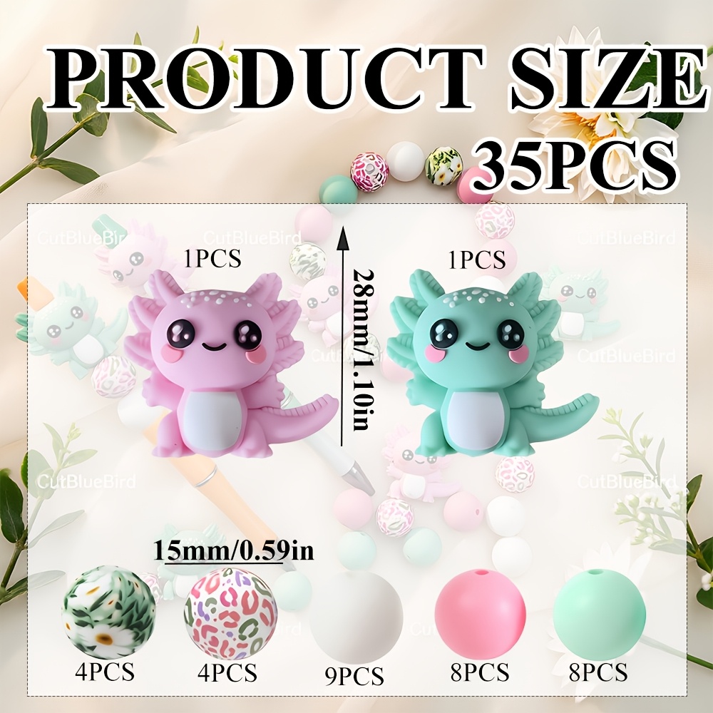 TEMU 35 pièces Perles Axolotl - Perles en d'axolotl roses et vertes adaptées à la fabrication de bijoux DIY, surface lisse adaptée aux breloques,