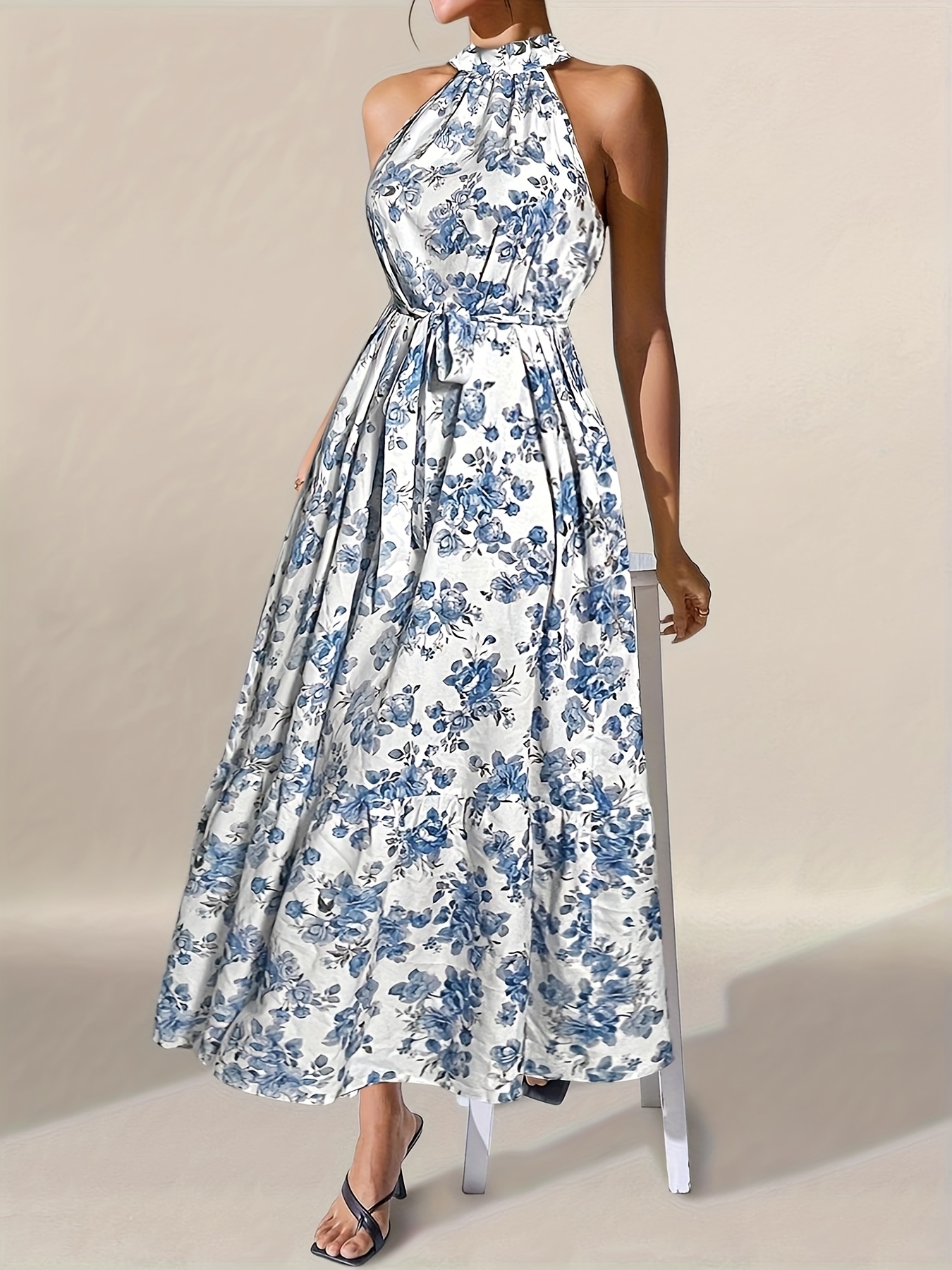 Midi Dress Vero Moda Dress Myer Oliphant Maxi Dress Smocked Sleeveless  Dress Elegant Floral Halter Neck Maxi Dress With Belt Sleeveless, Loose