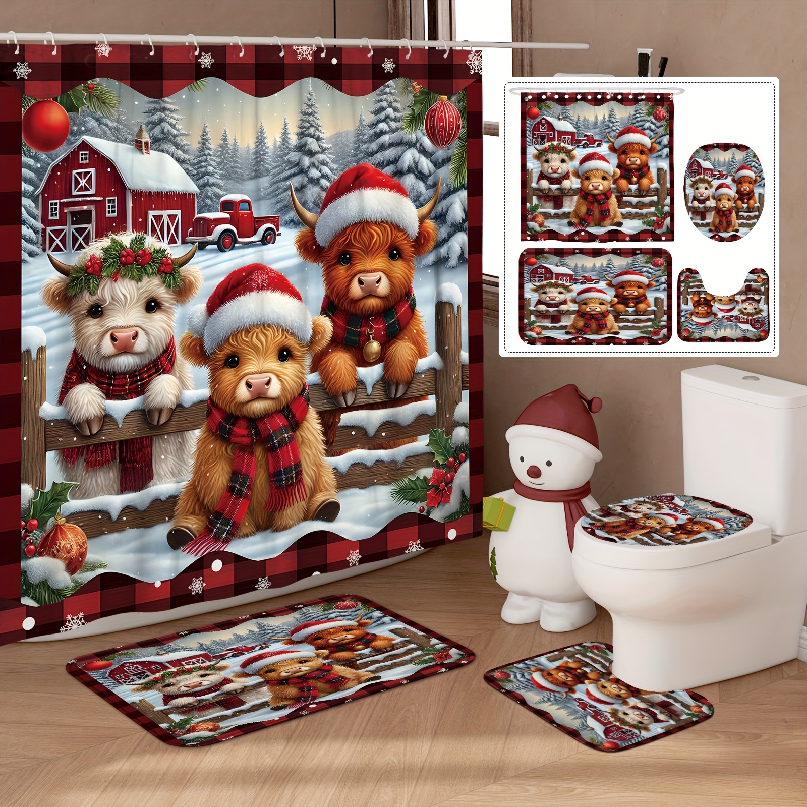 

Highland Cow & Christmas Shower Curtain Set (1/4pcs) - Waterproof Polyester With 12 Hooks, Non-slip Bath Mat, And U-shaped Toilet Lid Cover - Bathroom Decor