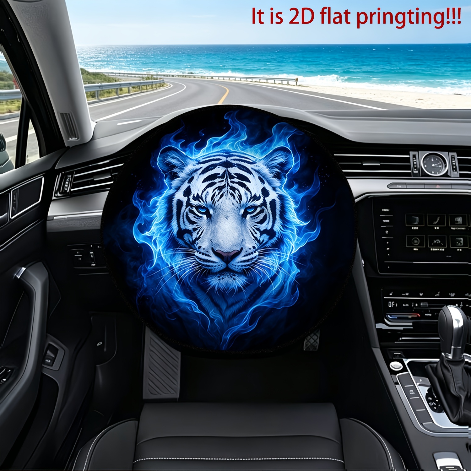 TEMU 1 Housse de Volant de Voiture, Design Imprimé Flamme Bleue Tigre Blanc Regard , Pare-Soleil de Volant, Isolation Thermique, Protection Solaire,