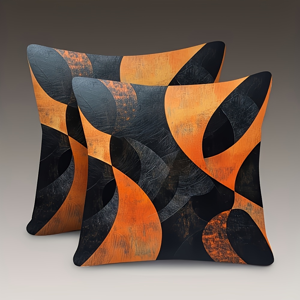 TEMU Set Of 2 Modern Abstract Cushion Covers - Double-sided Printed Square Pillowcases With Black And Orange Geometric Patterns, Suitable For Sofa,