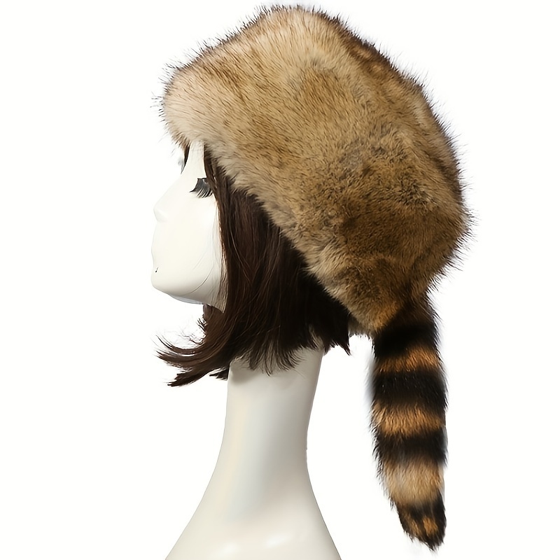 

Faux Raccoon Tail Winter Warm Knitted Skull Cap Style Brown Women's Beanie For Christmas