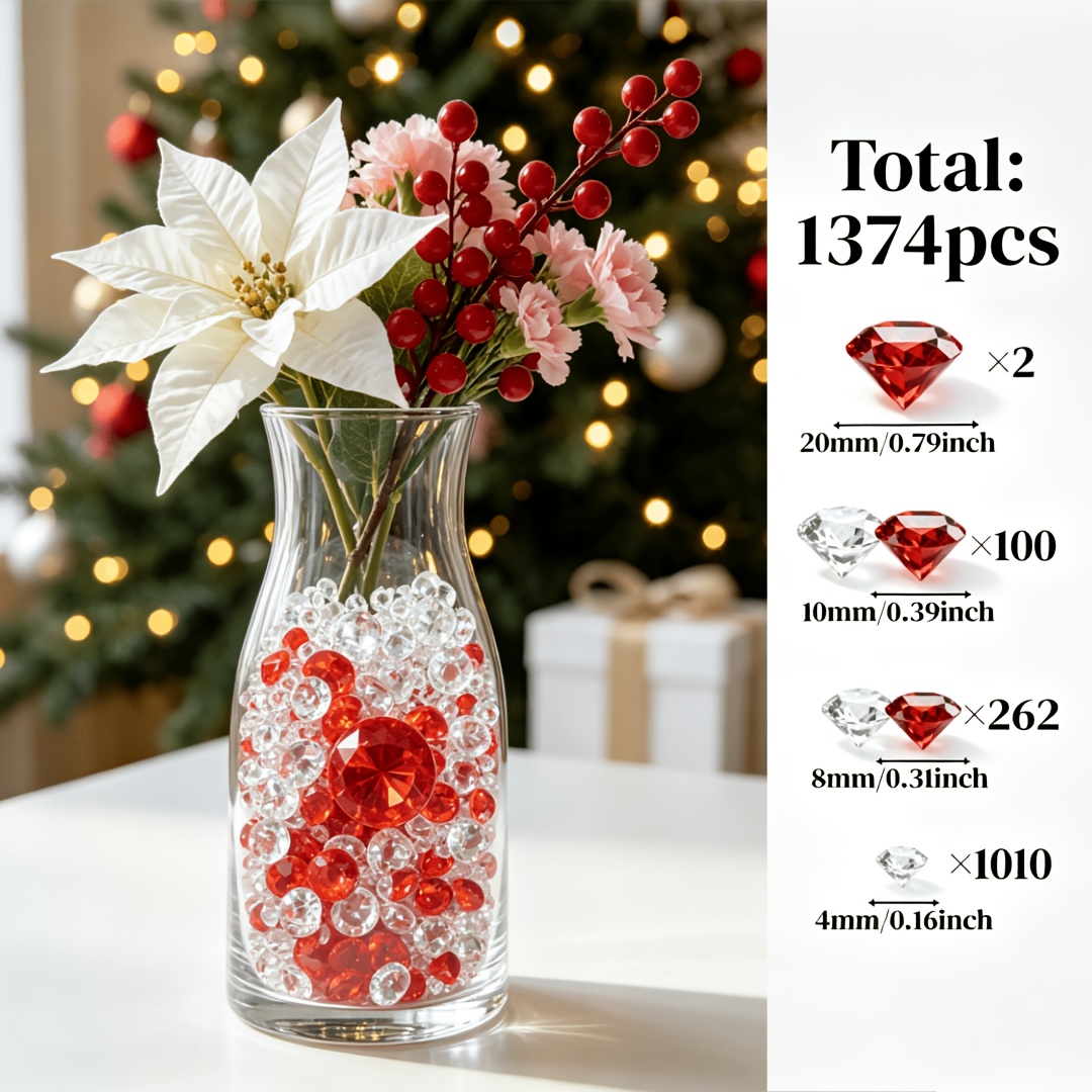 TEMU 1374 pièces de de glace artificielles pour remplissage de vase, en diamant acrylique rouges et transparentes, en 4 tailles. Convient pour , les