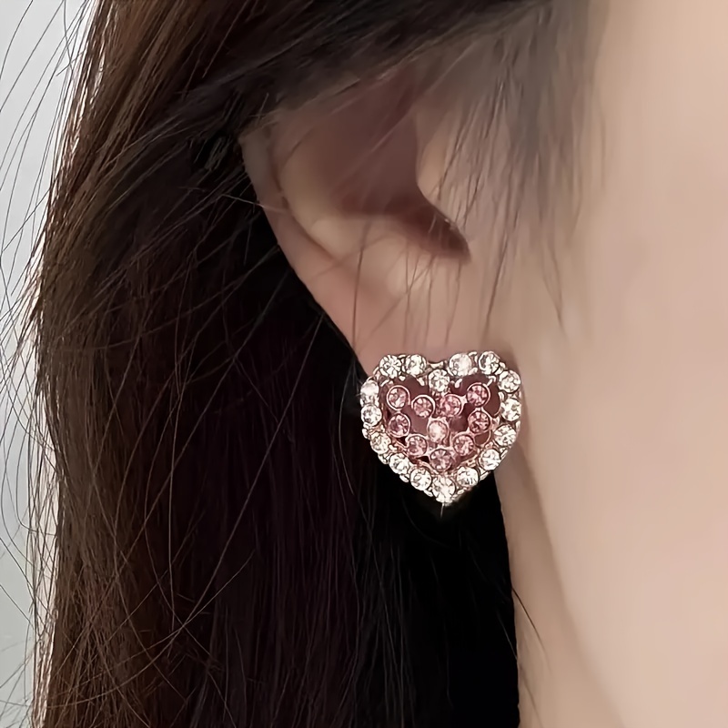 Pink Rhinestone Heart Stud Earrings 925 Sterling Silver Ear Needle