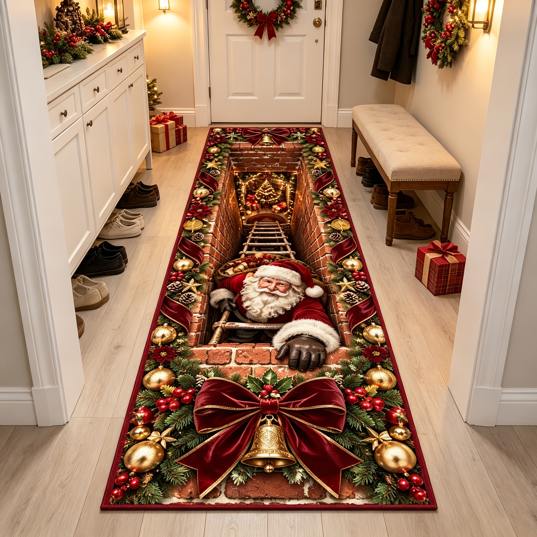 TEMU [velvet] 1pc, Santa Claus Christmas Decorative Carpet, 3d Chimney Illusion Runner Rug, Burgundy Golden Festive Decor, Christmas Entrance Hallway