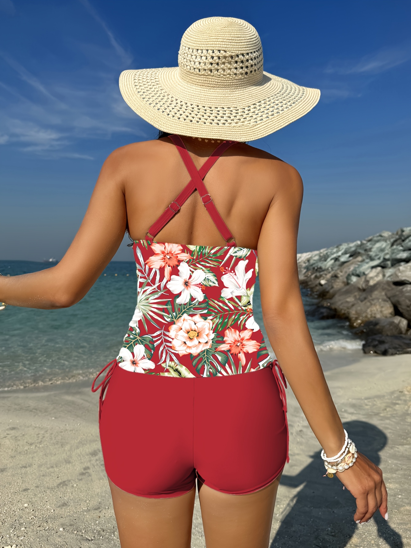 Floral Print Drawstring Square Neck Tankini Set