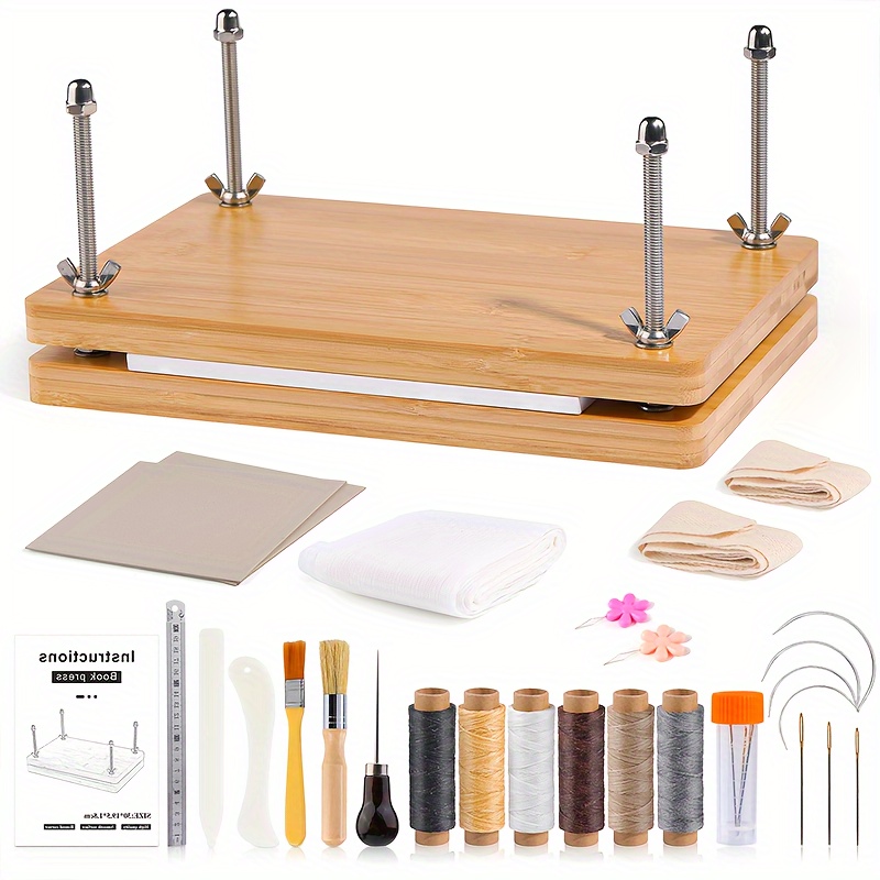 

Wooden Bookbinding Kit With Press And Tools – Diy Book Binding Supplies Set Including Binder Clips, Cotton Thread, Bone Folder, Needles, Awl, Ruler, Brush, Beeswax, And Binding Ribbon