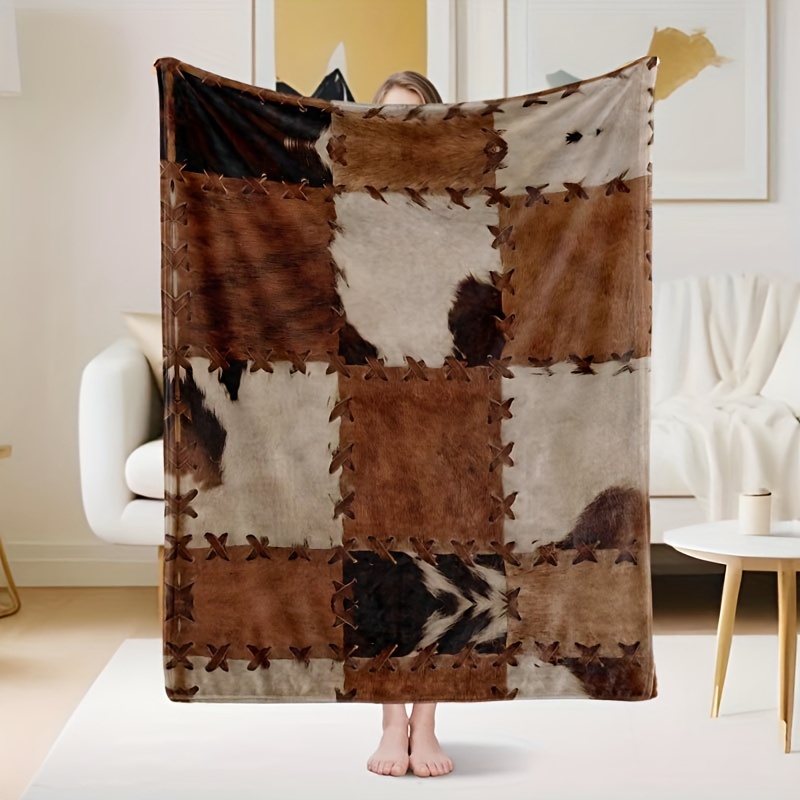 

1pc Country-rustic Style Hypoallergenic Flannel Fleece Throw Blanket, Brown Cowhide Patchwork Design, Bedding, 100% Polyester, Hand Wash Only, 200-250gsm