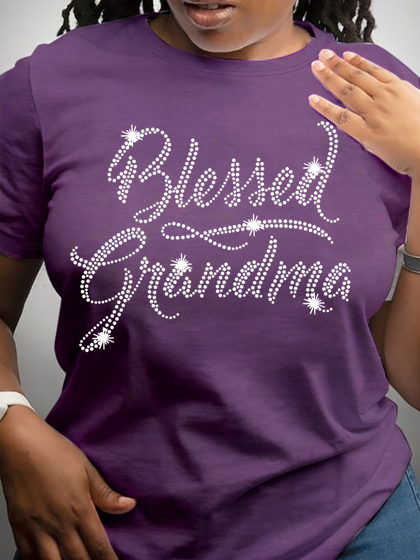 Rhinestone Letter Print Crew Neck T-Shirt, Casual Short Sleeve T-Shirt For Spring & Summer, Women's Clothing