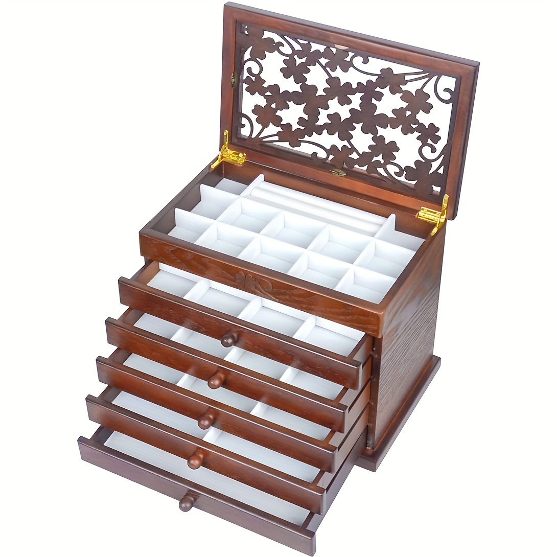 

Wood Jewelry Box For Women, Real Wooden Jewelry Holder Organizer Box With Leaf Patterns, 6 Layer Jewelry Boxes For Storage Earrings Rings Necklace Bracelet, Ideal Gift For Women's Day