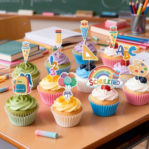 stück cupcake-toppers im zurück-zu-schule-design | inklusive rucksack, süßigkeitstüte, lineal, stift-design für die erste und dekorationen für das zurück-zu-schule-