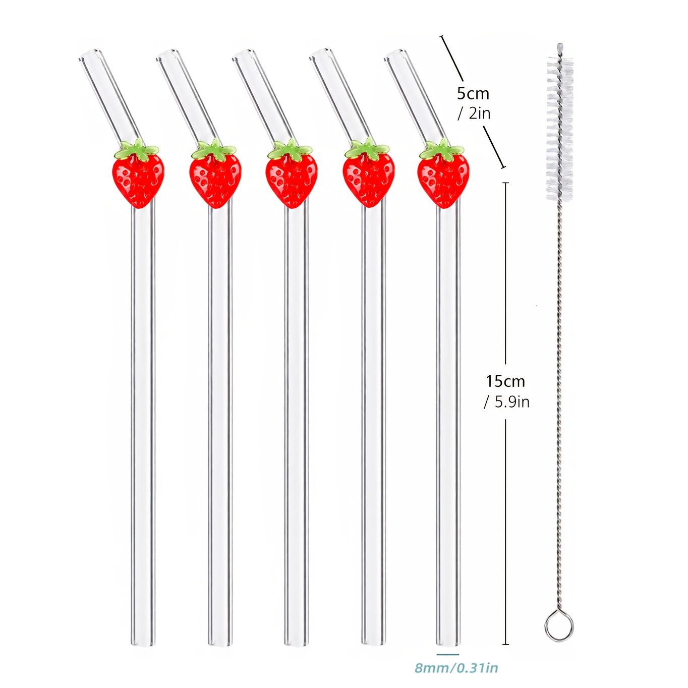 TEMU 5pcs Strawberry Shaped Glass Straws With Cleaner - Reusable High Borosilicate Glass Suitable For Smoothies, Milk Tea, Heat-resistant Drinking