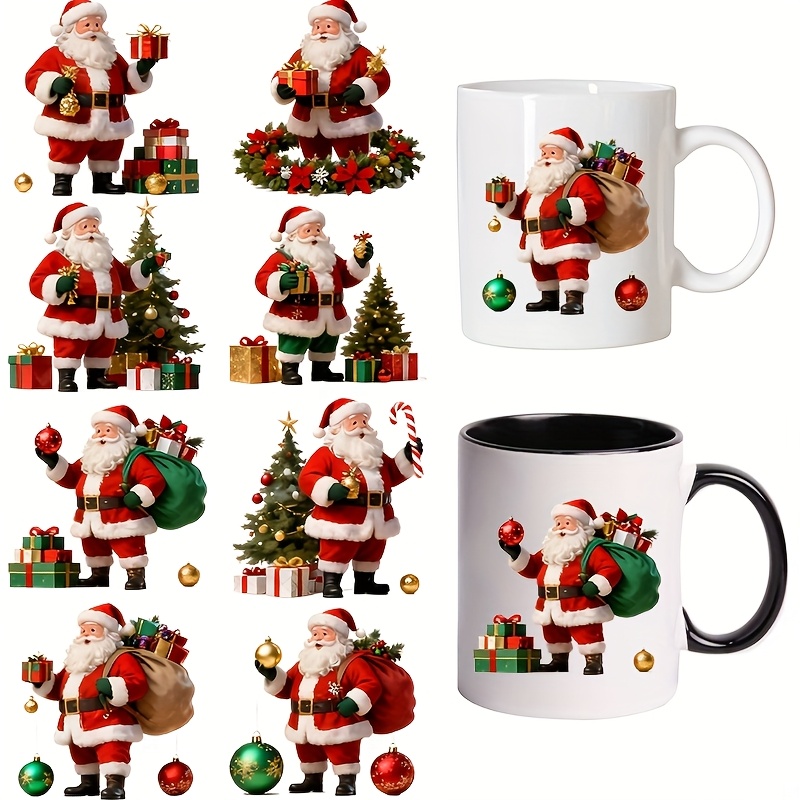 TEMU 8pcs Stickers Thème Noël et Père Noël, Stickers de Transfert Thermique UV DTF avec de Dessins Animés, Adaptés pour Verre, Tasses, Mugs, Stickers