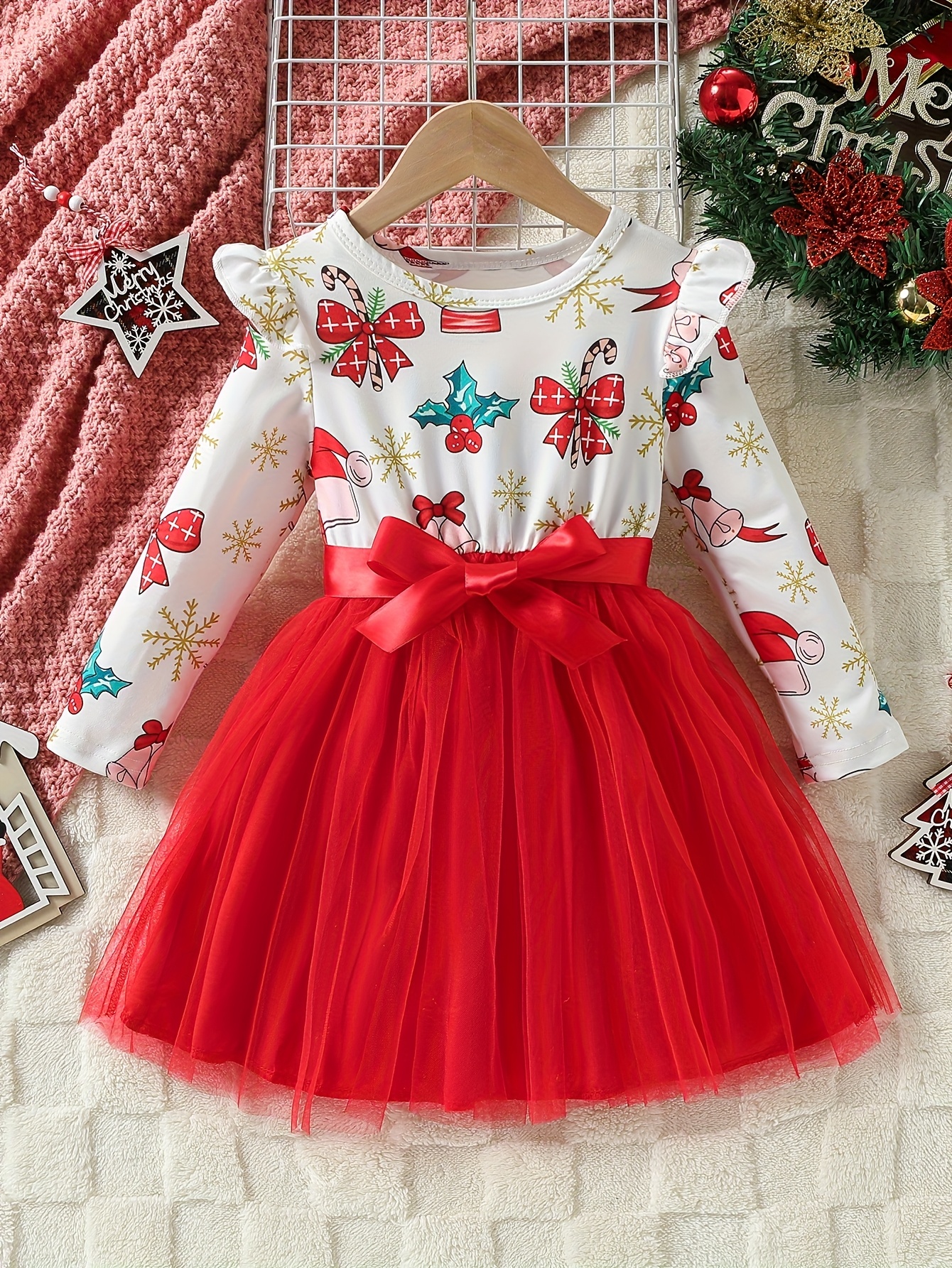 cat & jack christmas dress Long Sleeve Girls' Red Tutu Dress Girls Long Sleeve Sequin Star Christmas Tutu Dress 8, Red #2743 all collections