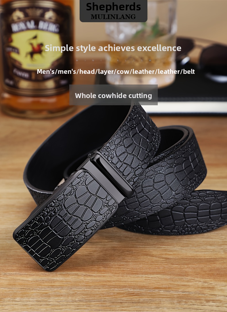 Men's Genuine Leather Belt with Toothless Automatic Buckle - Business Casual Pants Belt. Suitable for Middle-aged and Young Men, Office Attire, Daily Belt, Simple Design, Minimalist Belt, Top-Grain Leather Material, High Quality, Adjustable Waist