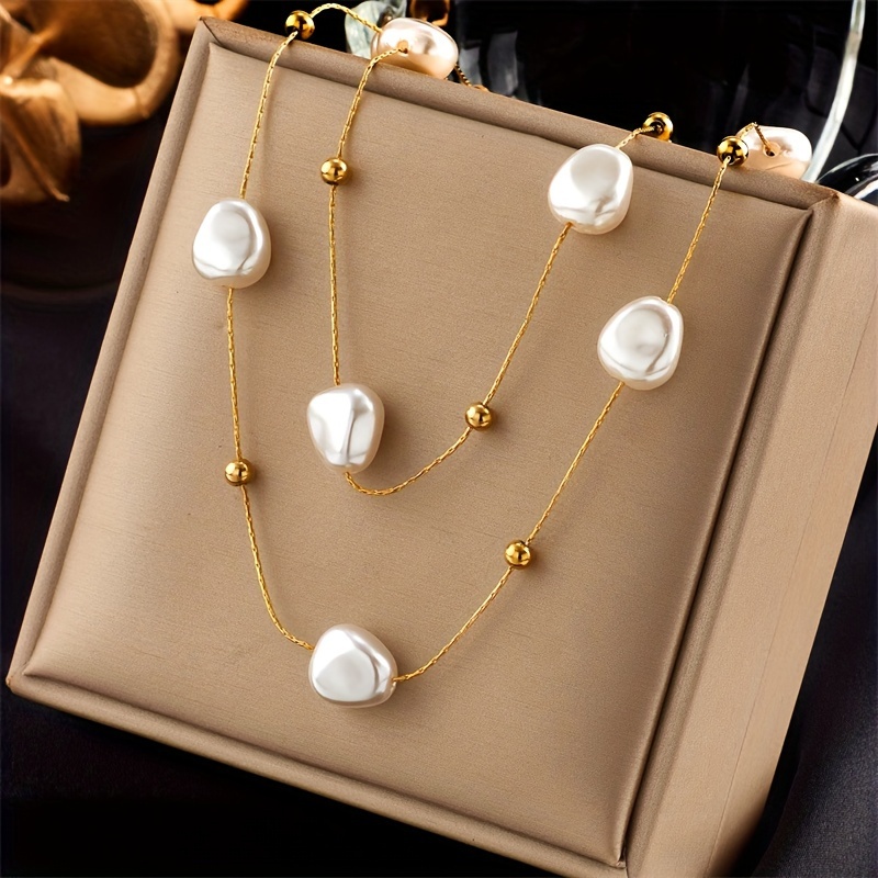 

Elegant Double-layered Stainless Steel Necklace With Pearl Accents - Chain For Women, & Party Wear, Light Luxury, , Accessories