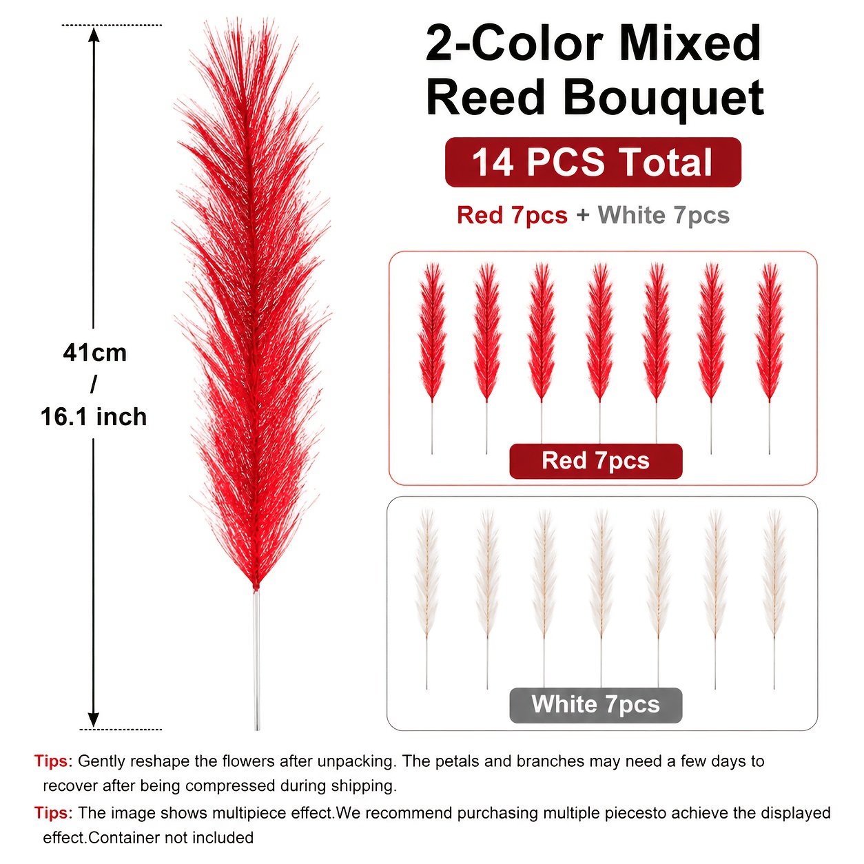 TEMU 14 pièces Tiges de Artificielles Mélangées Rouges et Blanches, Fausses Fleurs d'Herbe de la , 41 cm Bouquet de Plumes Moelleuses avec Tige