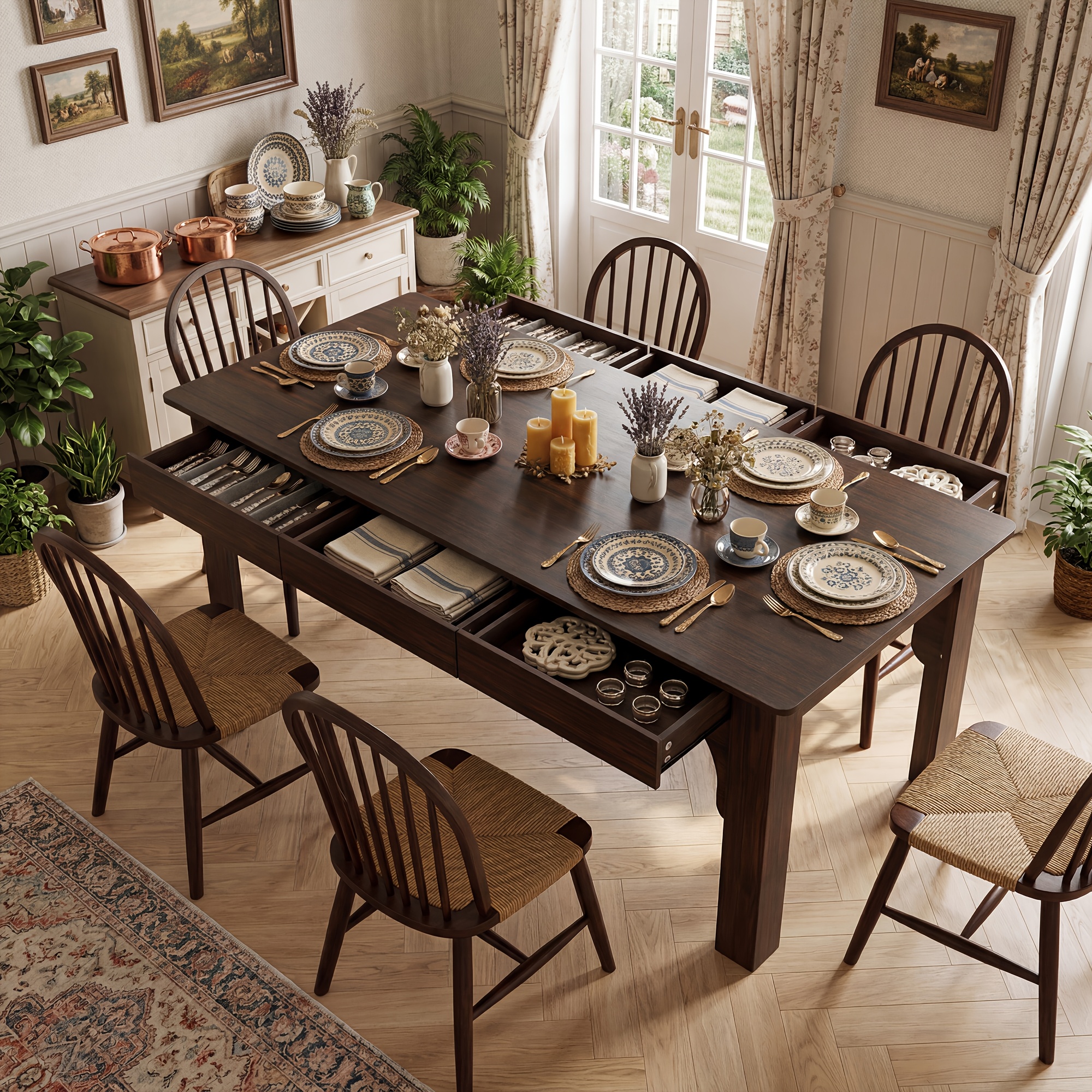 Modern 6-8 Person Dining Table with 6 Storage Drawers - Brown Finish