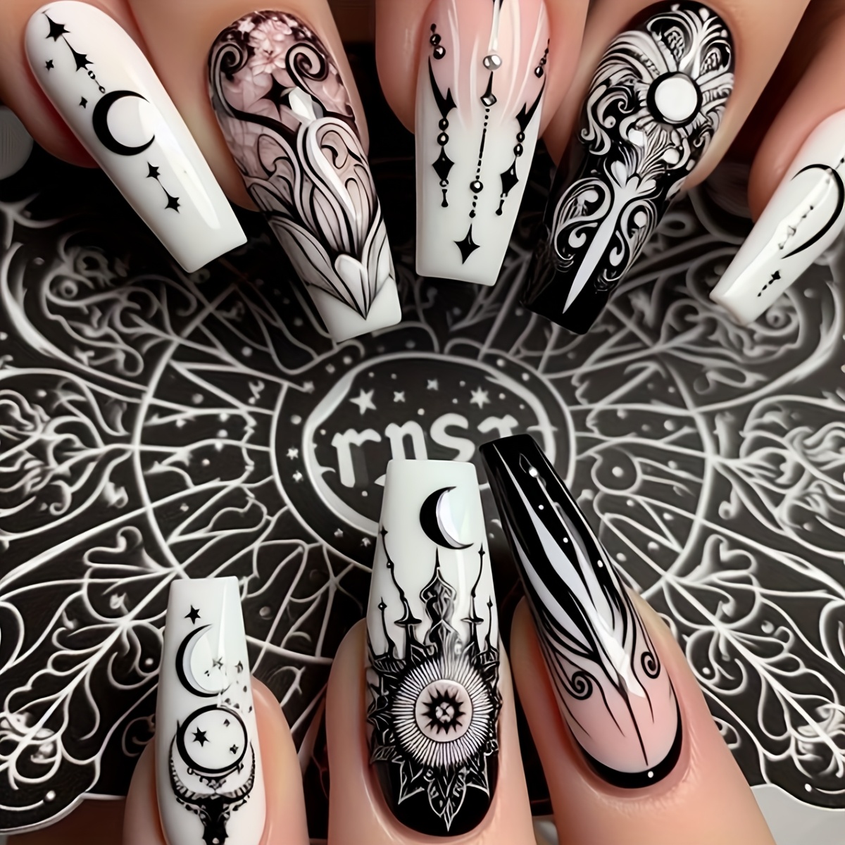 TEMU 24pcs Y2k White Gradient Press-on Nails, Middle-length, And Stars Forest Design, Glossy Finish, Includes Jelly Glue And Nail File, Nail Art Supplie