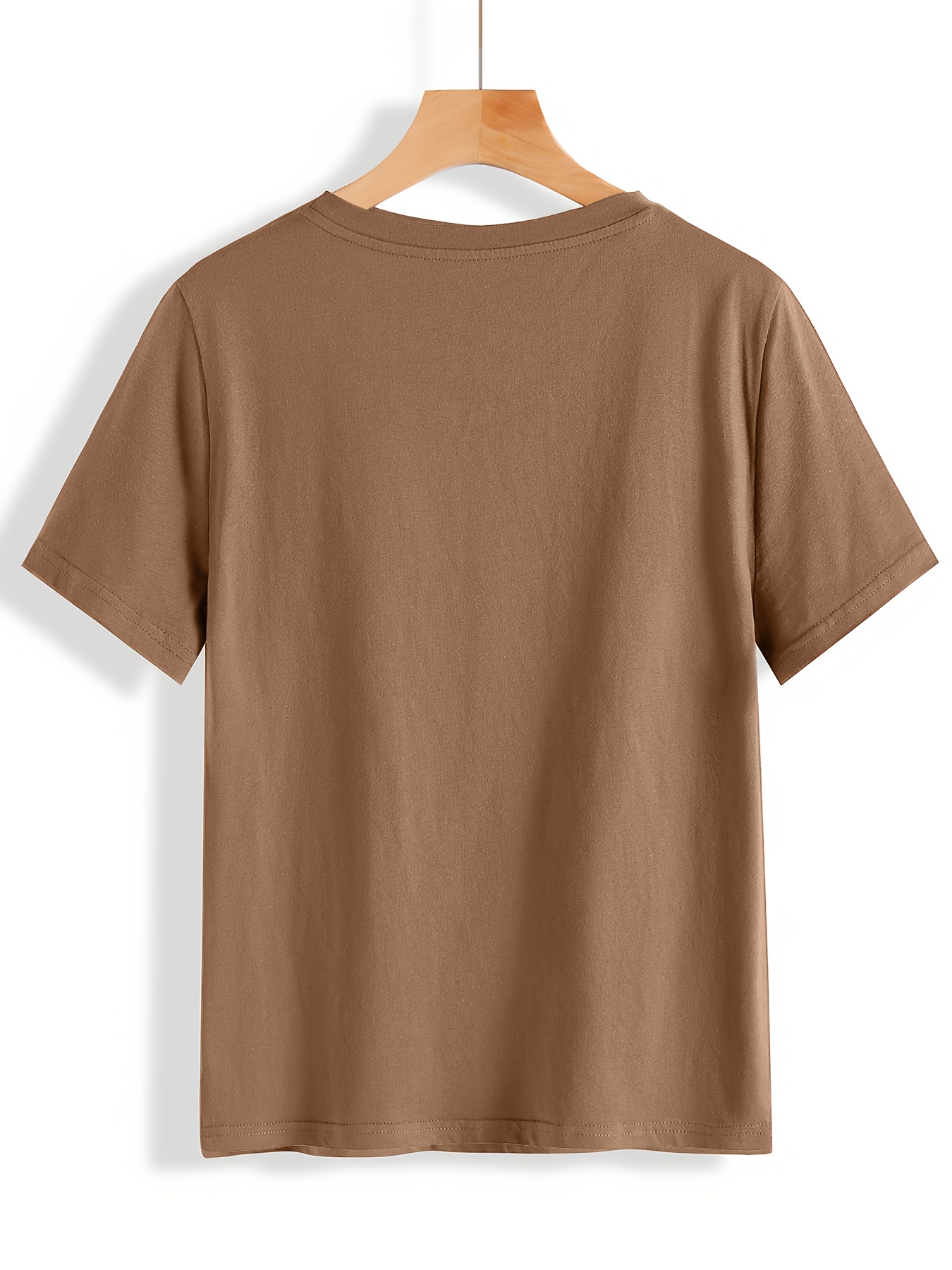 Women'S Plus Size Casual V-Neck T-Shirt, Polyester 95.0% Spandex 5.0%, Solid Color Knit Fabric, Retro Vacation Style Short Sleeve Tee for Spring/Summer, Ladies T Shirts