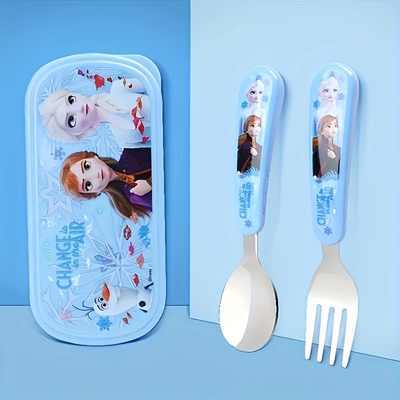 2pcs set   stainless steel fork and spoon set with box cartoon cute anna portable reusable tableware kawaii home and   supplies camping accessories christmas birthday gift Product details 0