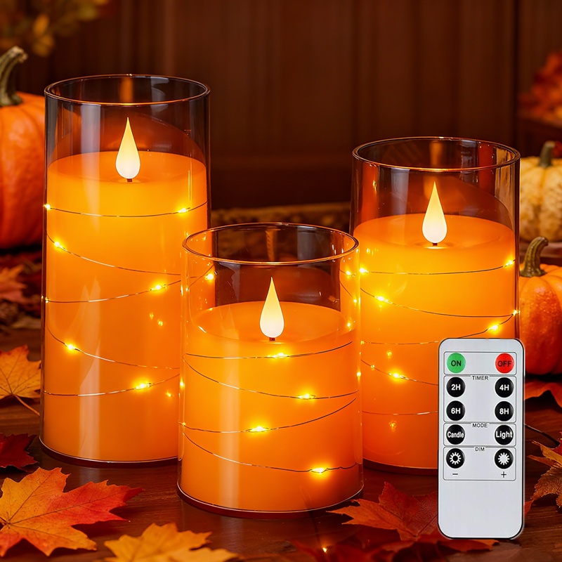 TEMU Flickering Flameless Candles With String Lights, Battery Operated Candles, Embedded String Lights Led Candles, Candles With Remote, Set Of 3