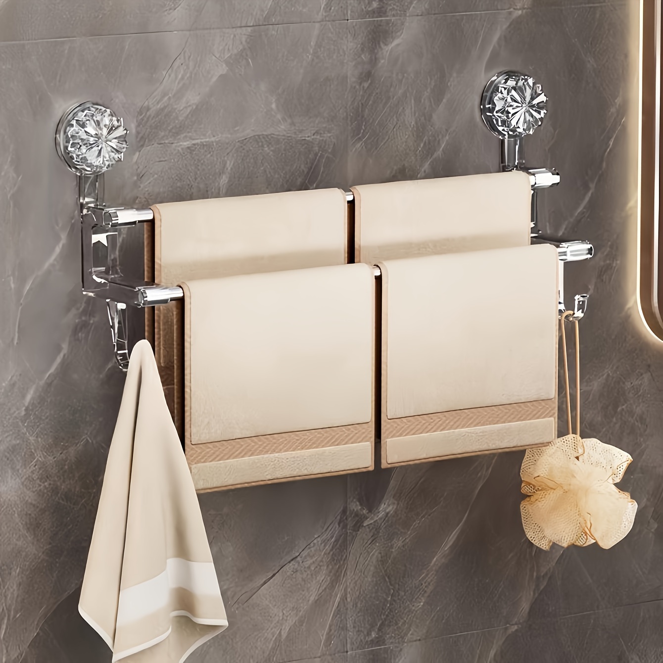 TEMU 1pc, Double Bar Wall Mounted Towel Rack With Hooks For Towels, Bath Towels, Scarves, Slippers, Hotel Decor, Room Decor, Bathroom Accessories