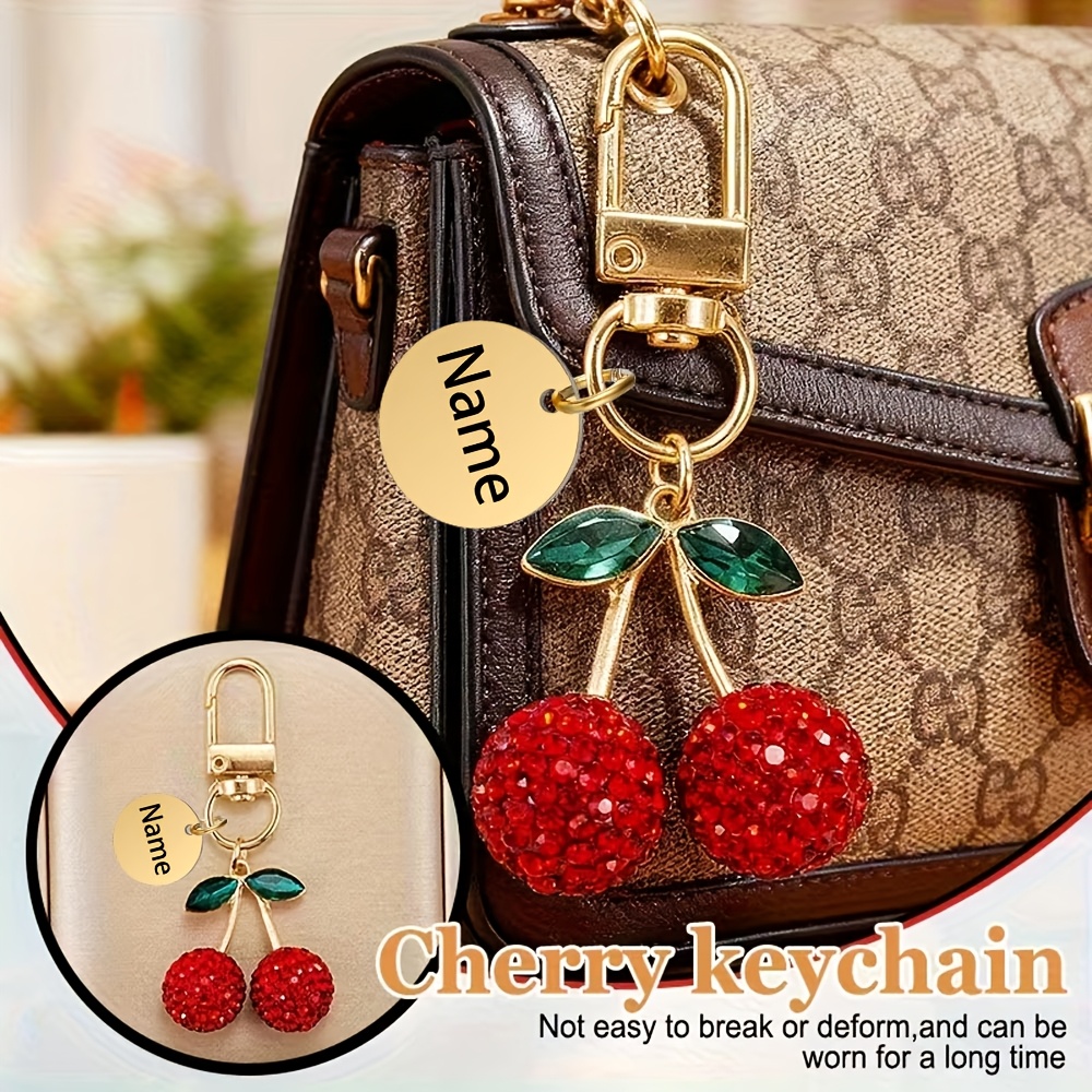 TEMU Customized 1pc, Personalized Laser-engraved Name, Handmade Rhinestone Cherry Round Pendant Keychain, Stylish Women' Accessory, Ladies' Keychain,