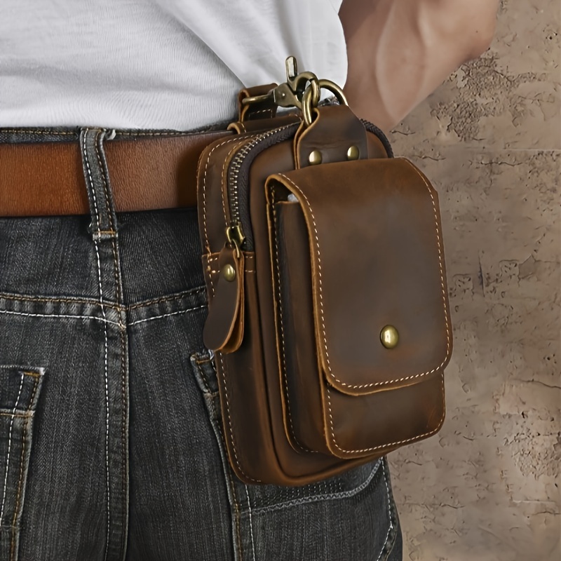 

Men's Vintage Crazy Horse Leather Waist Pack, Casual Genuine Top Layer Cowhide Belt Pouch, Daily Commute Multi-" Mobile Phone Holder With No Print