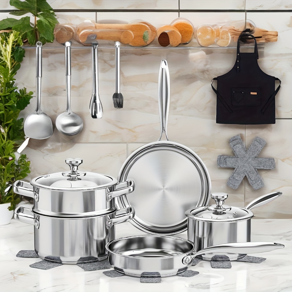 

16pcs Stainless Steel Cookware Set With Lids - Pots & Pans, Frying & Saucepans, Rust-resistant, Oven Safe - Compatible With All Stovetops (gas, Electric & Induction) - Ideal For Holiday Cooking