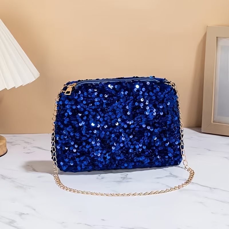 E-shop Meerblaue Pailletten-Umhängetasche mit Metallkettenriemen - Leichte Handtasche geeignet für Partys, Urlaub, täglichen Gebrauch, Reißverschluss &