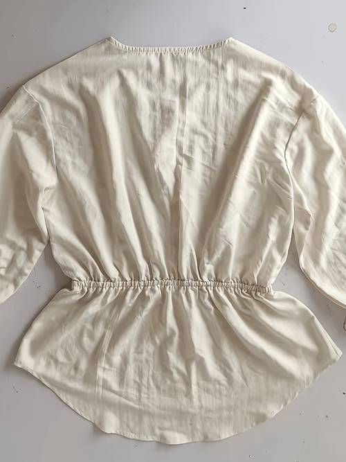 bk260722013 rachel crab directional elegant womens solid color front button crew neck elastic waist ruffle sleeve shirt