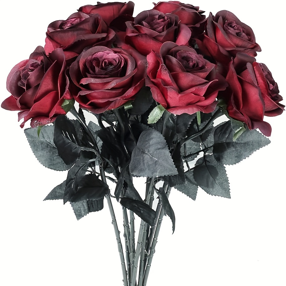 TEMU 10pcs Black/red Artificial Roses With Stems - Realistic Faux Flowers For Gothic Weddings, Halloween Decor, And Home/office/hotel Decorations,