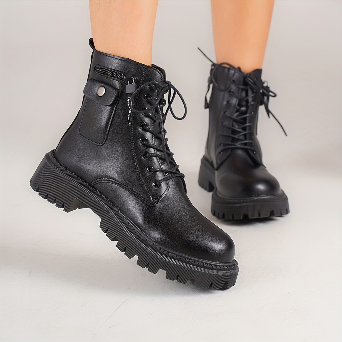 

Women's Casual Mid-calf Combat Boots With Lace-up Closure, Round Toe, And Platform Heel, Comfortable Footwear With Solid Color, Upper, Fabric , And Tpr Sole