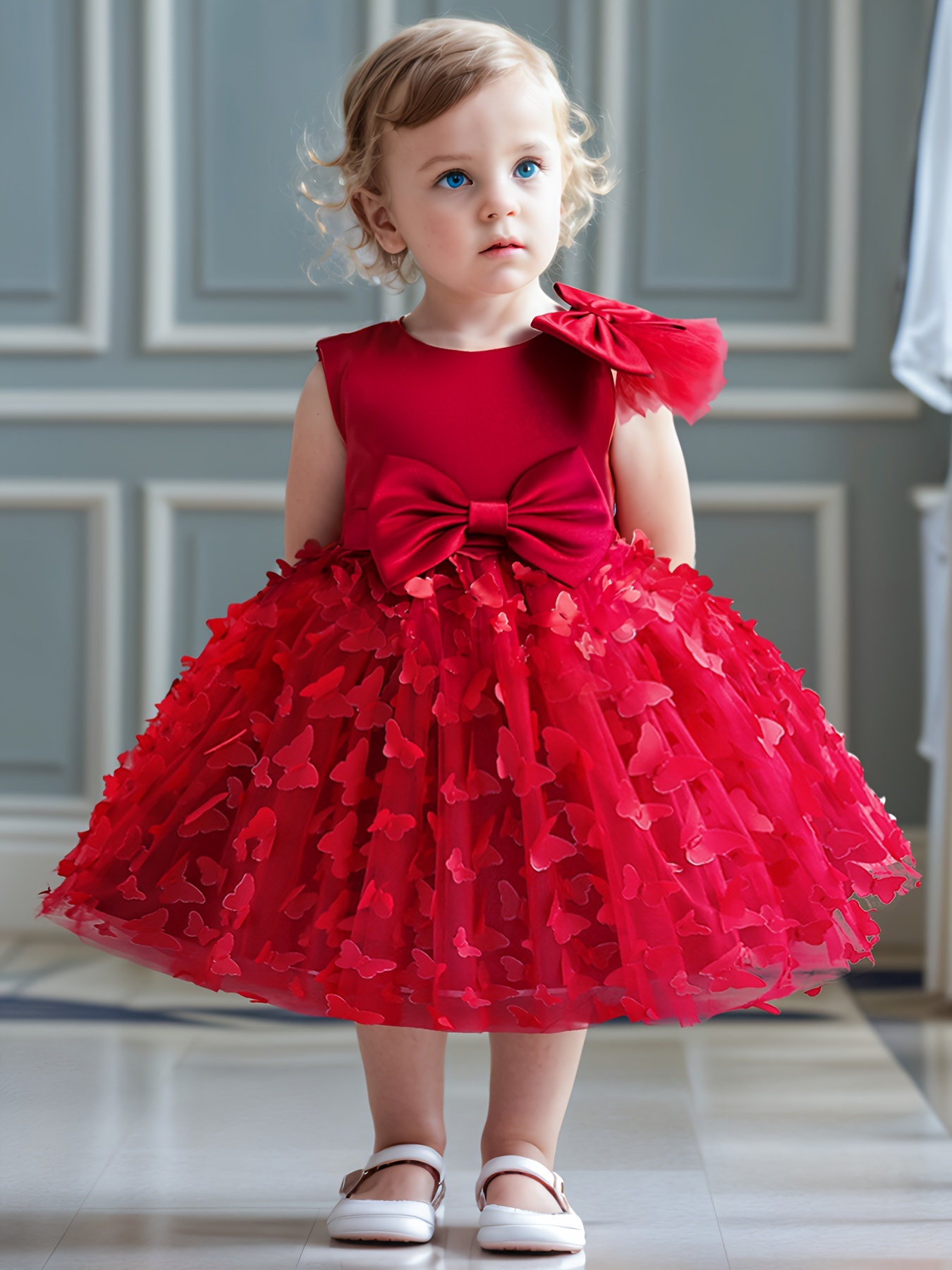 Baby Girl Birthday Party Bowknot Decor Fluffy Dress Toddler Girl Flower 3D  Applique Wedding Gown Dresses